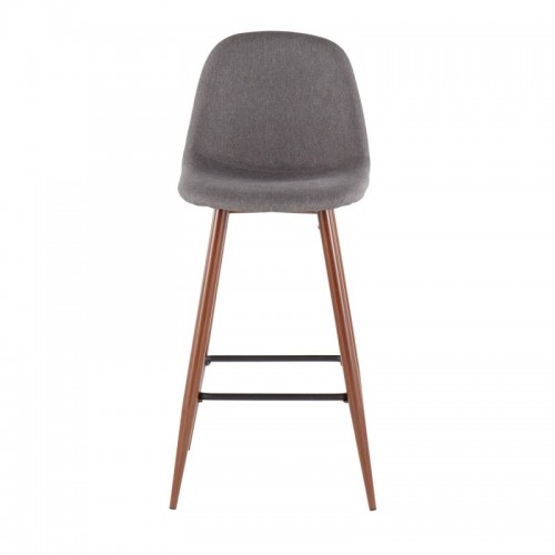 Set of 2 Mid-Century Modern Bar stools in Walnut Metal and Charcoal Fabric Pebble
