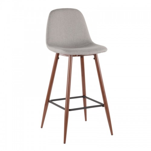 Set of 2 Mid-Century Modern Bar stools in Walnut Metal and Light Grey Fabric Pebble