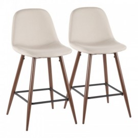 Set of 2 Mid-Century Modern Counter Stools in Walnut Metal and Beige Fabric Pebble