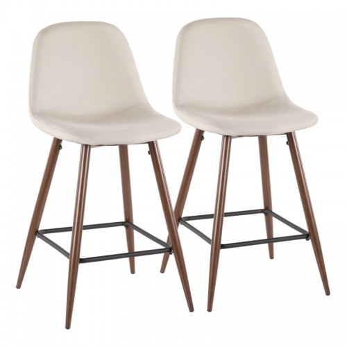 Set of 2 Mid-Century Modern Counter Stools in Walnut Metal and Beige Fabric Pebble