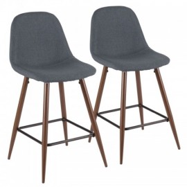 Set of 2 Mid-Century Modern Counter Stools in Walnut and Blue Pebble