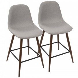 Set of 2 Mid-Century Modern Counter Stools in Walnut and Light Grey Pebble