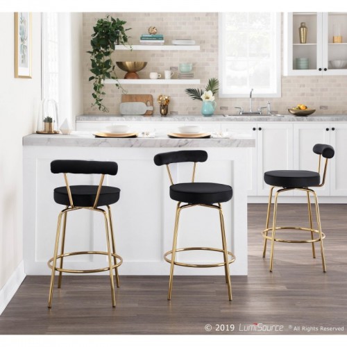 Set of 2 Glam Counter Stools in Gold Metal and Black Velvet Rhonda