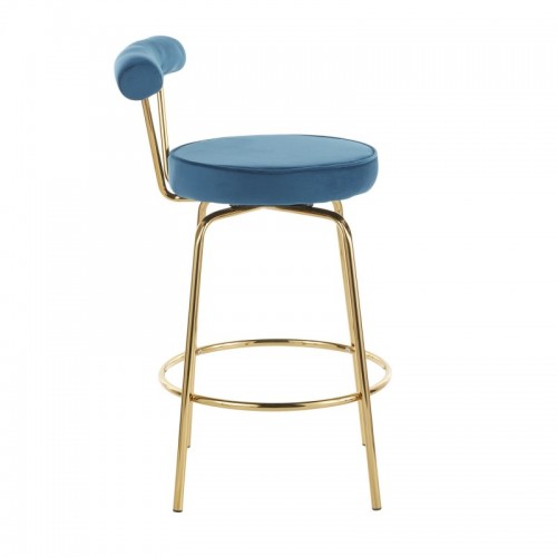 Set of 2 Glam Counter Stools in Gold Metal and Blue Velvet Rhonda