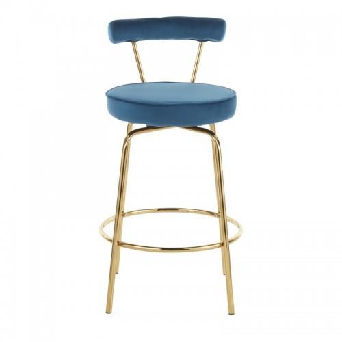 Set of 2 Glam Counter Stools in Gold Metal and Blue Velvet Rhonda