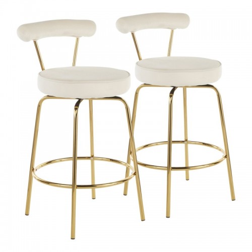 Set of 2 Glam Counter Stools in Gold Metal and Cream Velvet Rhonda