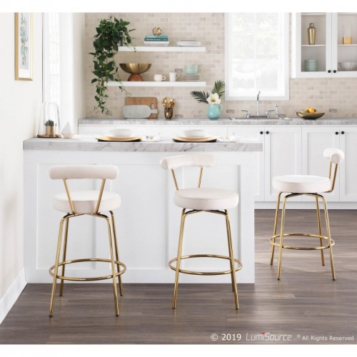 Set of 2 Glam Counter Stools in Gold Metal and Cream Velvet Rhonda