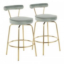 Set of 2 Glam Counter Stools in Gold Metal and Sage Green Velvet Rhonda