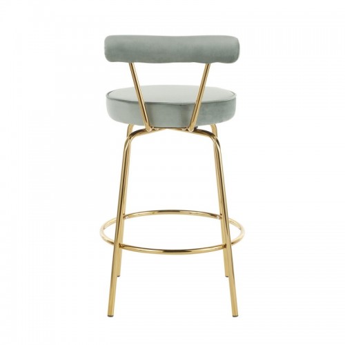 Set of 2 Glam Counter Stools in Gold Metal and Sage Green Velvet Rhonda