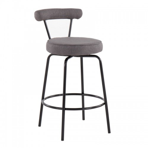 Set of 2 Contemporary Counter Stools in Black Steel and Charcoal Fabric Rhonda