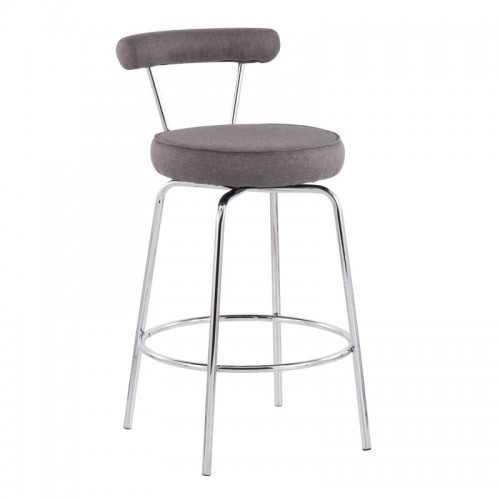 Set of 2 Contemporary Counter Stools in Chrome and Charcoal Fabric Rhonda