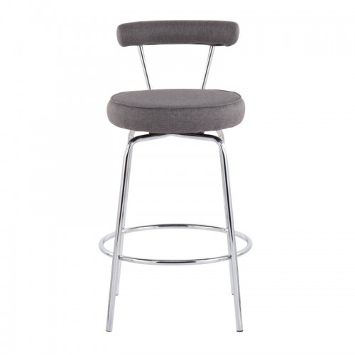 Set of 2 Contemporary Counter Stools in Chrome and Charcoal Fabric Rhonda