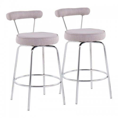 Set of 2 Contemporary Counter Stools in Chrome and Light Grey Fabric Rhonda