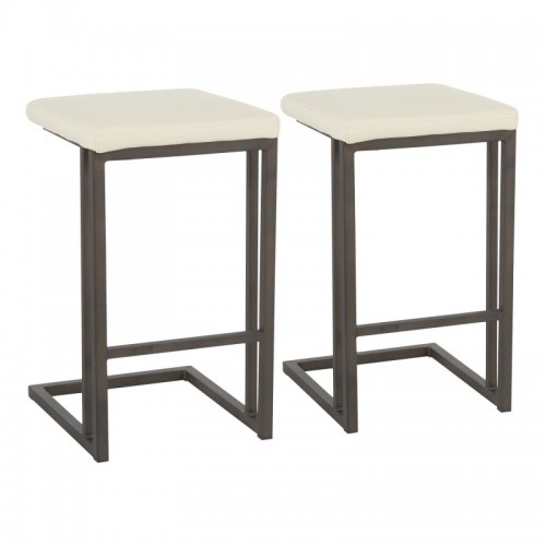 Set of 2 Industrial Counter Stools in Antique Metal and Cream Faux Leather Roman
