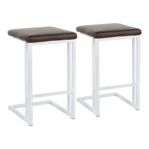 Set of 2 Industrial Counter Stools in Vintage White Metal and Espresso Faux Leather Roman