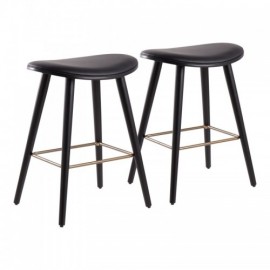 Set of 2 Contemporary Counter Stools in Black Wood and Black Faux Leather with Gold Metal Saddle