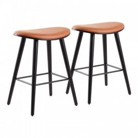 Set of 2 Contemporary Counter Stools in Black Wood and Camel Faux Leather with Black Metal Saddle