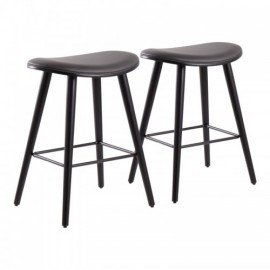 Set of 2 Contemporary Counter Stools in Black Wood and Grey Faux Leather with Black Metal Saddle