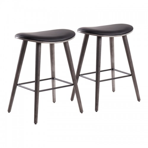 Set of 2 Contemporary Counter Stools in Grey Wood and Black Faux Leather with Black Metal Saddle