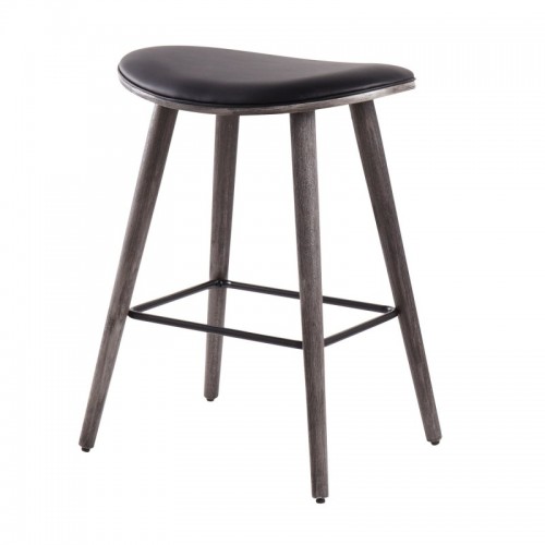 Set of 2 Contemporary Counter Stools in Grey Wood and Black Faux Leather with Black Metal Saddle
