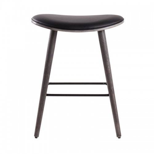 Set of 2 Contemporary Counter Stools in Grey Wood and Black Faux Leather with Black Metal Saddle