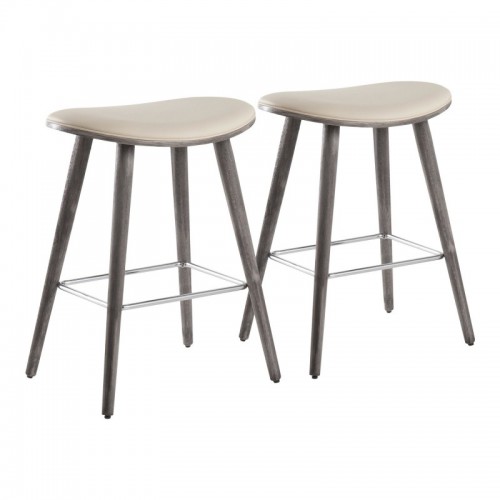 Set of 2 Contemporary Counter Stools in Grey Wood and Cream Faux Leather with Chrome Metal Saddle