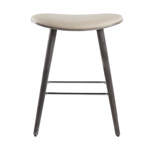 Set of 2 Contemporary Counter Stools in Grey Wood and Cream Faux Leather with Chrome Metal Saddle