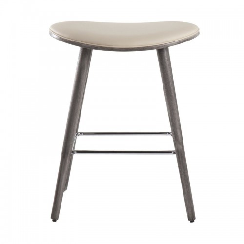 Set of 2 Contemporary Counter Stools in Grey Wood and Cream Faux Leather with Chrome Metal Saddle