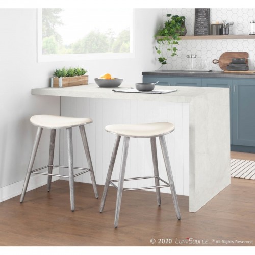 Set of 2 Contemporary Counter Stools in Grey Wood and Cream Faux Leather with Chrome Metal Saddle