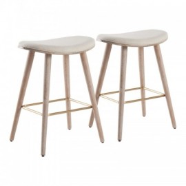 Set of 2 Contemporary Counter Stools in White Washed Wood and Cream Fabric with Gold Metal Saddle