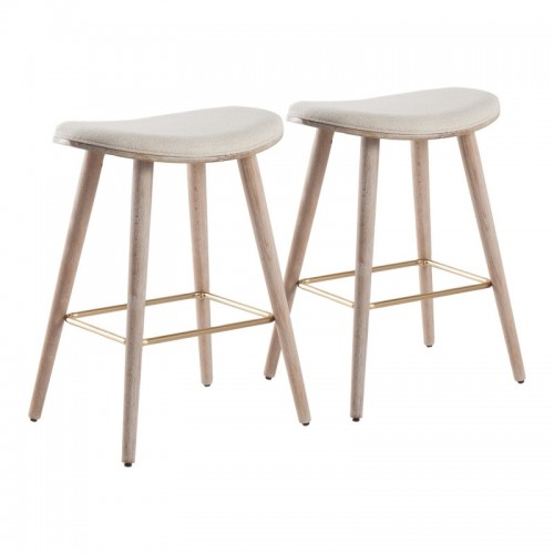 Set of 2 Contemporary Counter Stools in White Washed Wood and Cream Fabric with Gold Metal Saddle
