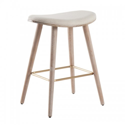 Set of 2 Contemporary Counter Stools in White Washed Wood and Cream Fabric with Gold Metal Saddle