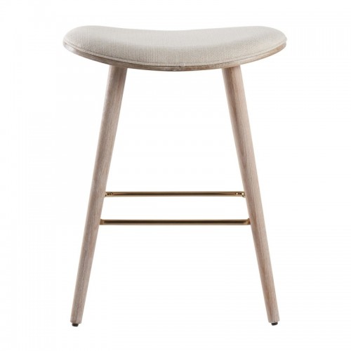 Set of 2 Contemporary Counter Stools in White Washed Wood and Cream Fabric with Gold Metal Saddle