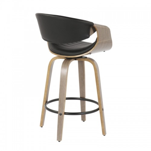 Set of 2 Mid-Century Modern Counter Stools in Light Grey Wood and Black Faux Leather Symphony