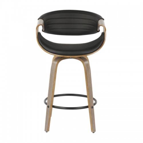 Set of 2 Mid-Century Modern Counter Stools in Light Grey Wood and Black Faux Leather Symphony