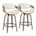 Set of 2 Mid-Century Modern Counter Stools in Light Grey Wood and White Faux Leather Symphony