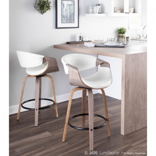 Set of 2 Mid-Century Modern Counter Stools in Light Grey Wood and White Faux Leather Symphony