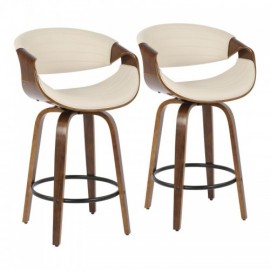 Set of 2 Mid-Century Modern Counter Stools in Walnut and Cream Faux Leather Symphony