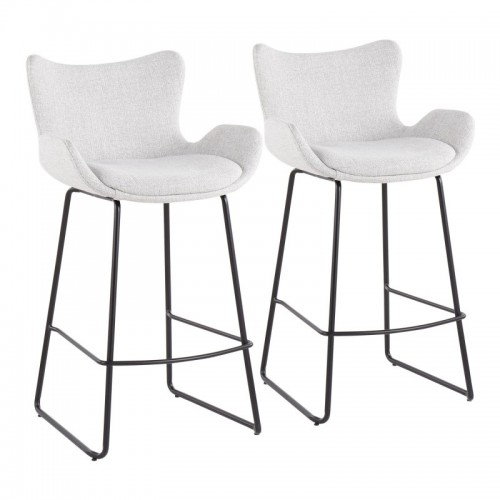 Set of 2 Contemporary Counter Stools in Black Metal and Light Grey Noise Fabric Tara