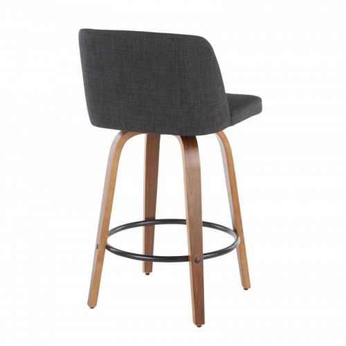 Set of 2 Mid-Century Modern Counter Stools in Walnut and Charcoal Fabric Toriano