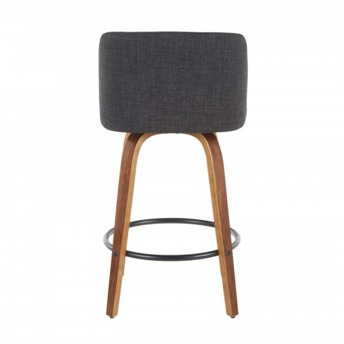 Set of 2 Mid-Century Modern Counter Stools in Walnut and Charcoal Fabric Toriano