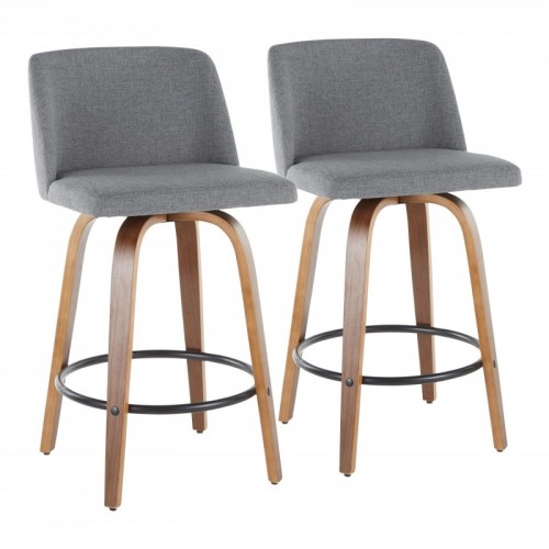 Set of 2 Mid-Century Modern Counter Stools in Walnut and Grey Fabric Toriano