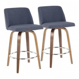 Set of 2 Mid-Century Modern Counter Stools in Walnut and Blue Fabric Toriano