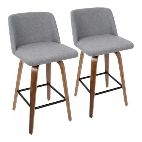 Set of 2 Mid-Century Modern Counter Stools in Walnut and Grey Fabric Toriano