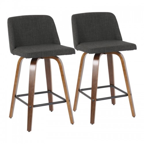 Set of 2 Mid-Century Modern Counter Stools in Walnut and Charcoal Fabric Toriano