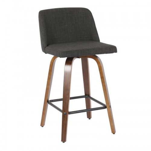 Set of 2 Mid-Century Modern Counter Stools in Walnut and Charcoal Fabric Toriano