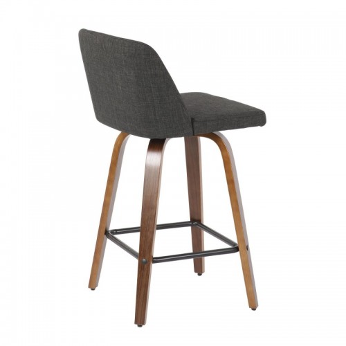 Set of 2 Mid-Century Modern Counter Stools in Walnut and Charcoal Fabric Toriano