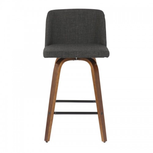 Set of 2 Mid-Century Modern Counter Stools in Walnut and Charcoal Fabric Toriano