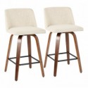 Set of 2 Mid-Century Modern Counter Stools in Walnut and Cream Fabric Toriano