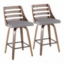 Set of 2 Mid-Century Modern Counter Stools in Walnut Wood and Grey Fabric Trevi